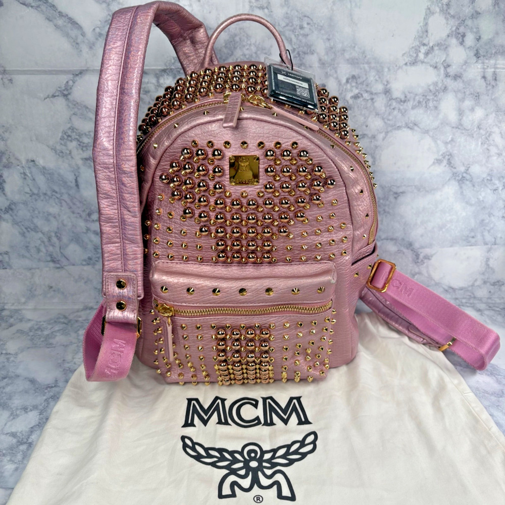 MCM Metallic Barbie Pink Logo Studded Zip Backpack Gold Heart Hardware Dust Bag